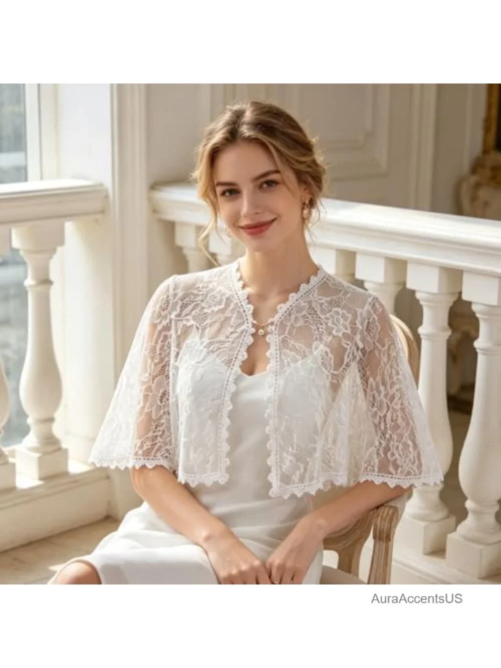 Lace Wedding Shawl Wrap with Pearl Button Elegant Bridal Cape for Evening Dress